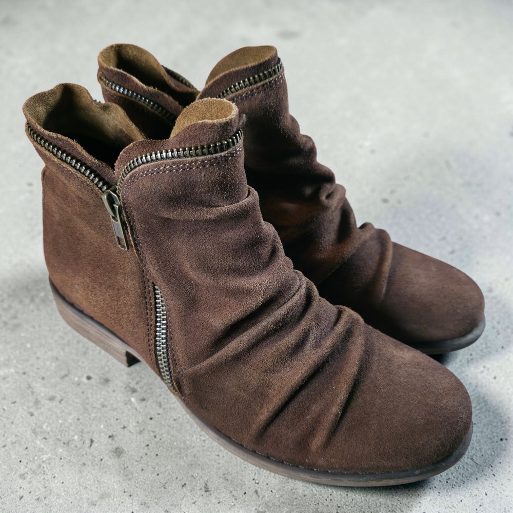 Miz Mooz Luna Ruched Suede Ankle Boots Booties Shoes Womens 7.5 Brown Leather